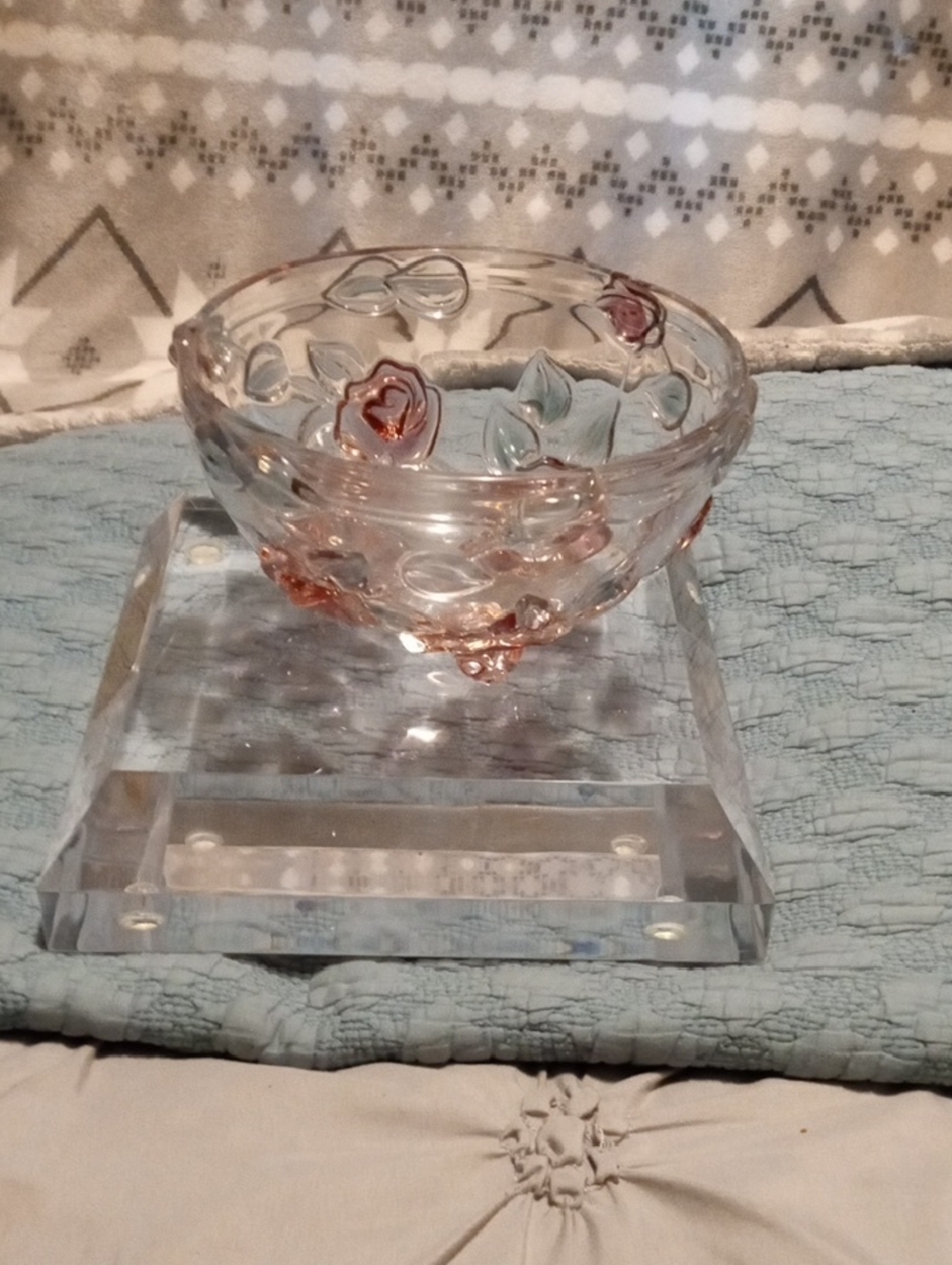 Hand-Blown Glass Rose Bowl with Pastel Accents